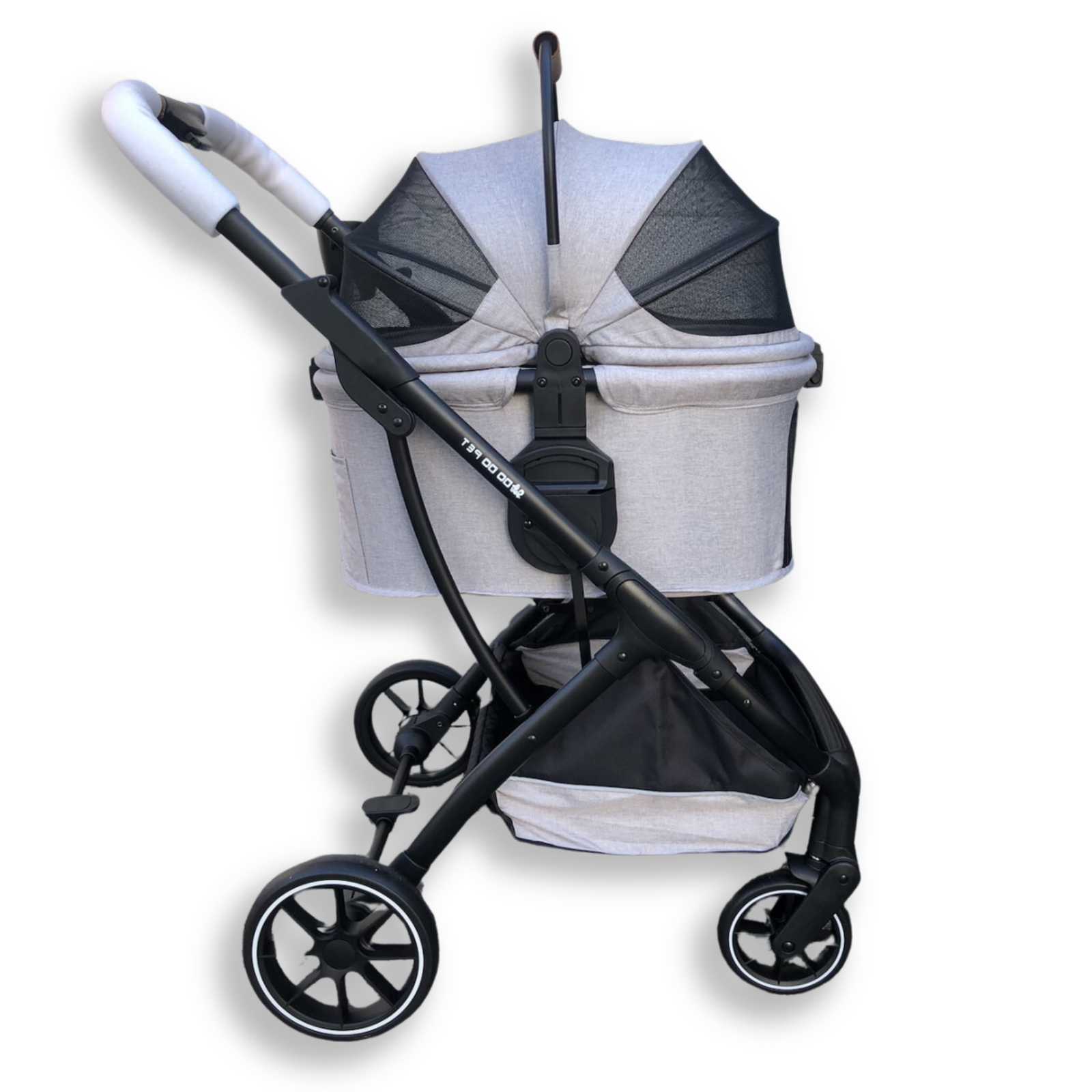 Gray pawbella pet stroller product photo with basket lid closed