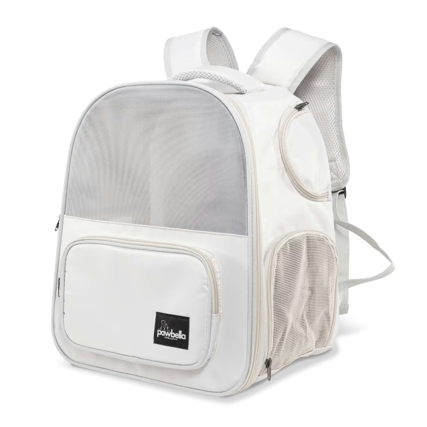 The Pawbella Expandable Lightweight Pet Backpack features a white design with mesh panels, zippered front pocket, and adjustable straps—ideal for Australian pet owners who value comfort and style.