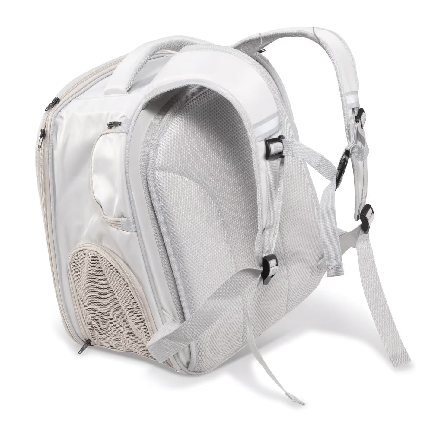 The Pawbella Expandable Lightweight Pet Backpack in light gray features padded shoulder straps, a mesh side pocket, and a zippered main compartment—shown from the back and side, it's ideal for Australian adventures with your pet.