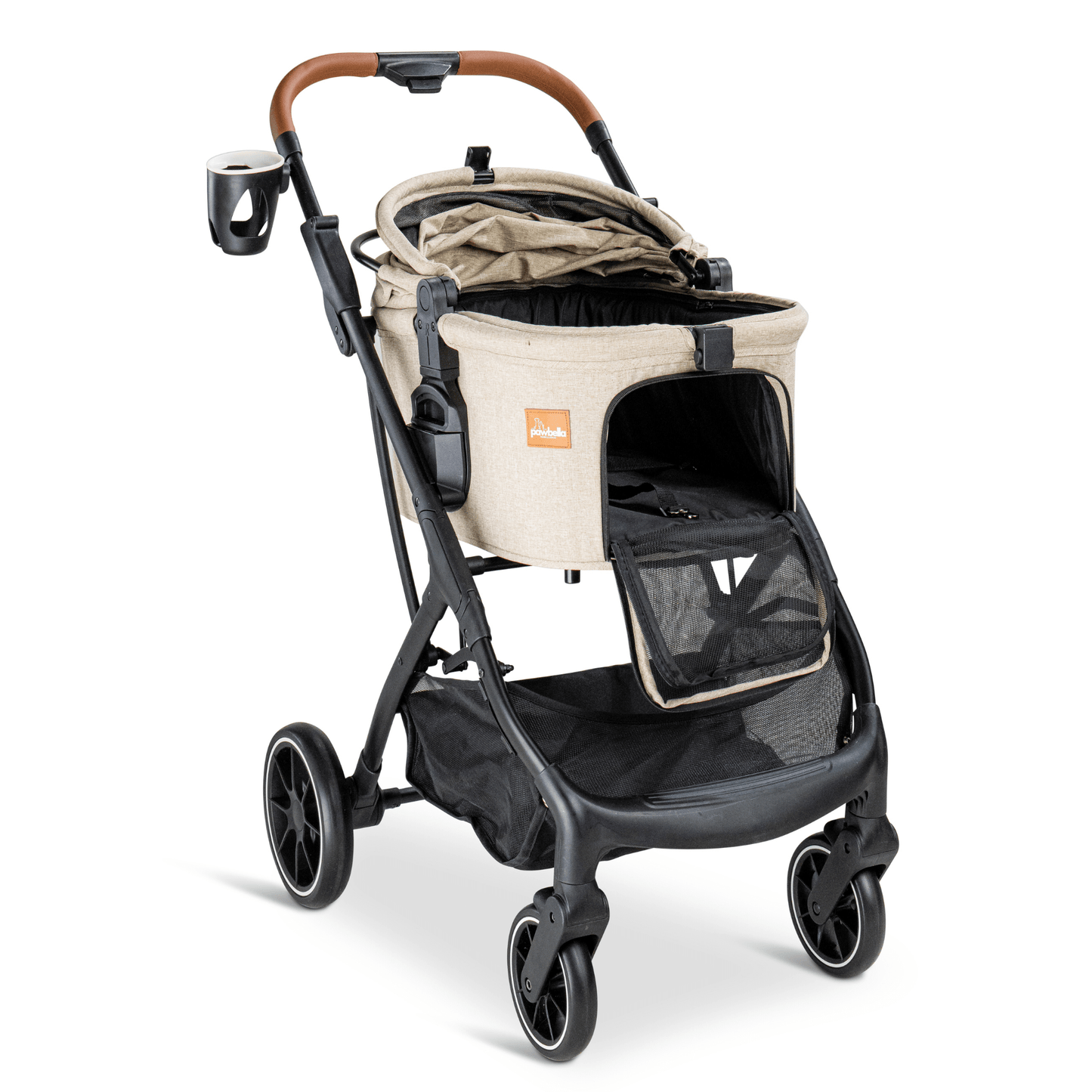 Beige Pawbella pet stroller with a foldable top, featuring a black frame, mesh panels, and a convenient cup holder, designed for easy pet access and secure travel.