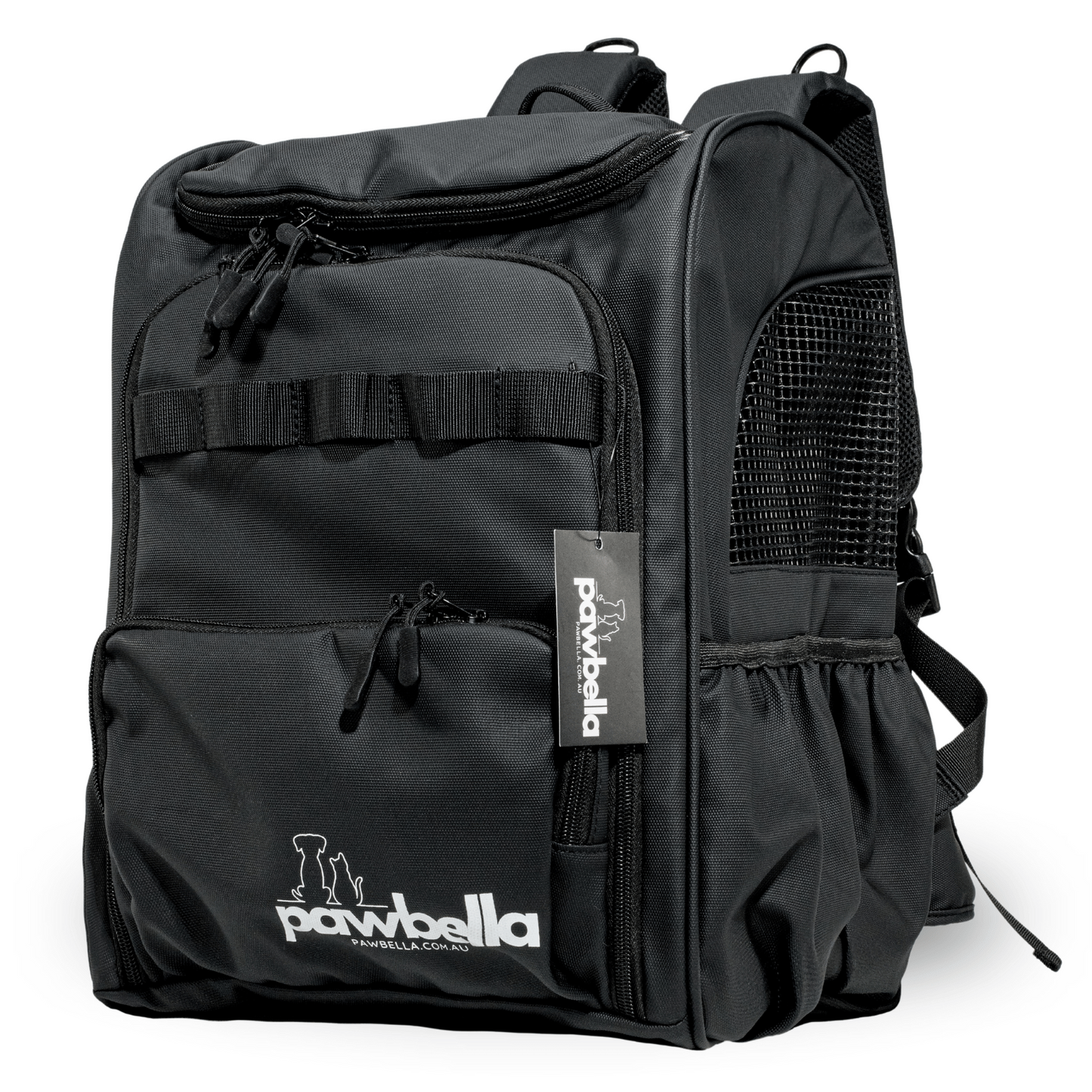 Black Pawbella pet backpack featuring multiple compartments, side mesh for ventilation, and the Pawbella logo, ideal for transporting pets comfortably and stylishly.