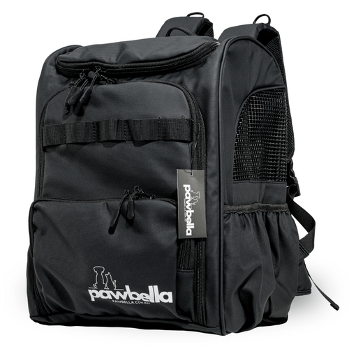 Black Pawbella pet backpack featuring multiple compartments, side mesh for ventilation, and the Pawbella logo, ideal for transporting pets comfortably and stylishly.