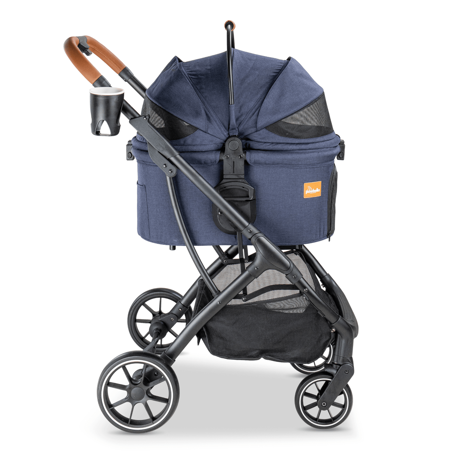 Side view of the navy Pawbella pet stroller with a fully enclosed canopy, cup holder, and durable frame, ideal for safe and comfortable pet outings.