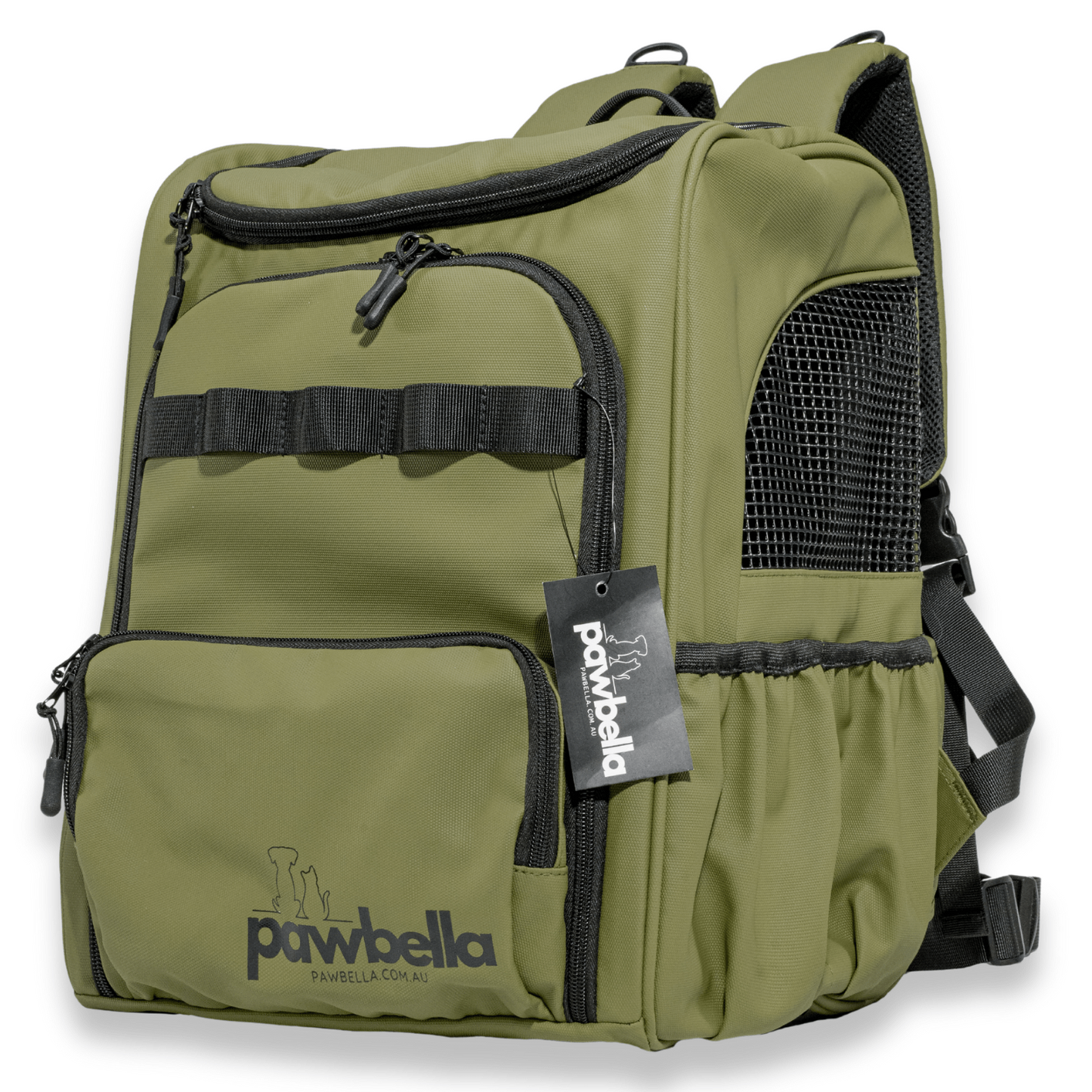 Olive green Pawbella pet backpack featuring adjustable straps, multiple compartments, and a side mesh panel for ventilation, perfect for outdoor adventures with pets.