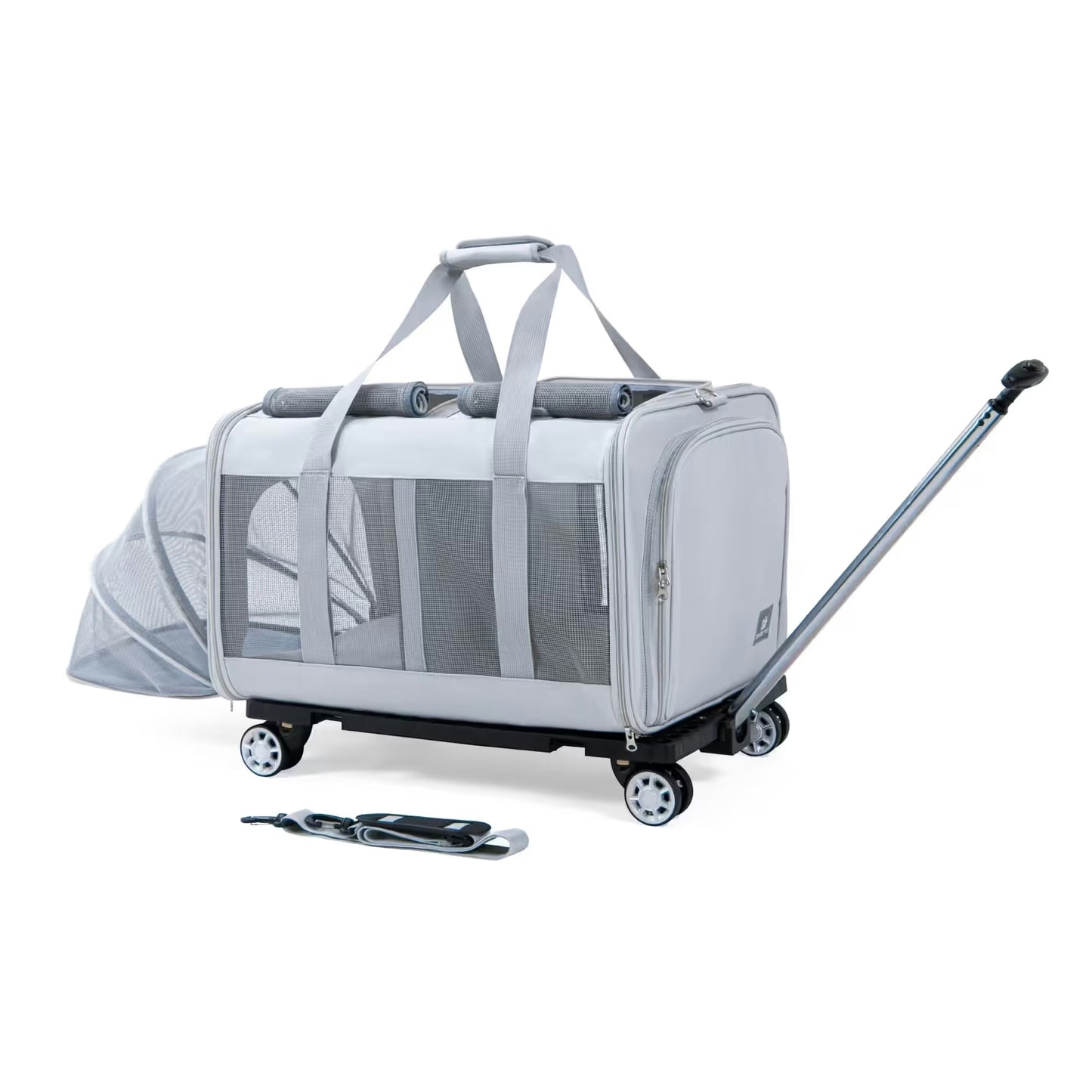 The Pawbella Pet Carrier Trolly is a light gray carrier with mesh windows, telescoping handle, wheels, extended mesh section, and removable strap. Use as a backpack or stroller—great for travel in Australia.
