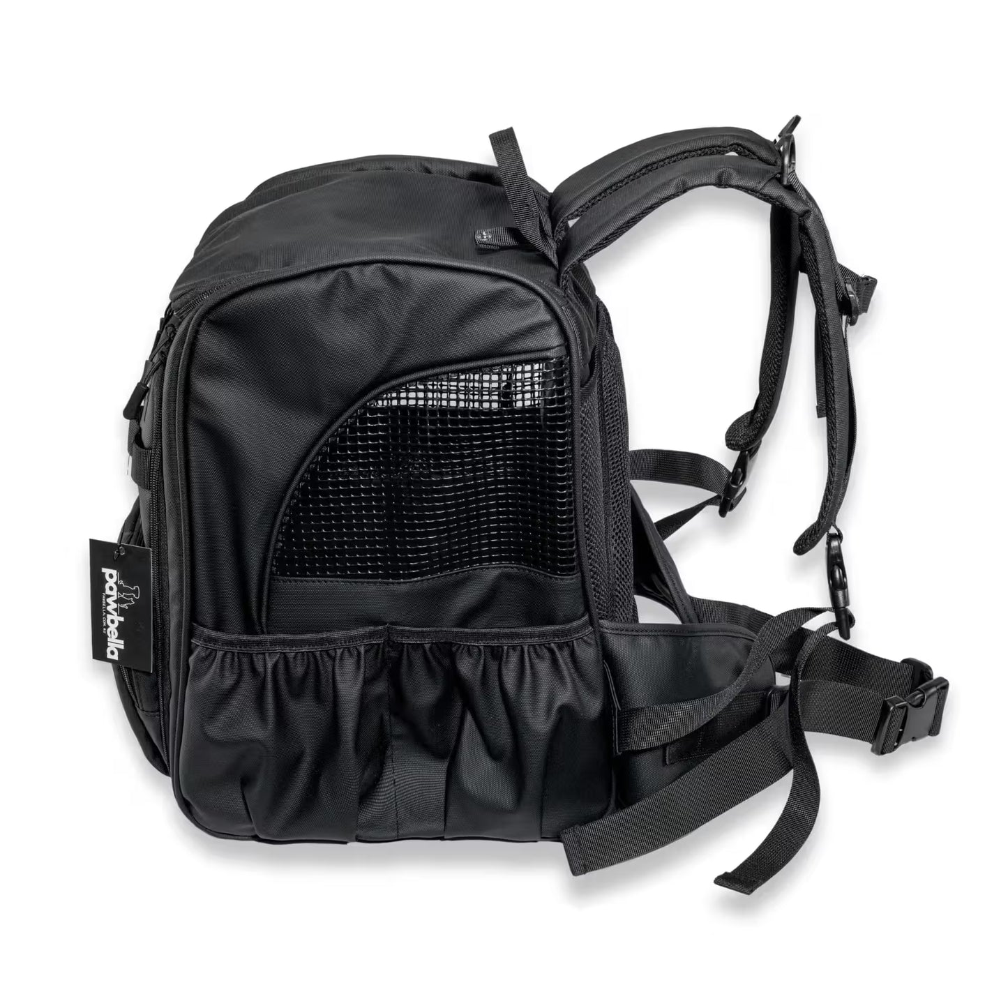 The Pawbella Outback Explorer Heavy Duty Pet Backpack (12kg max) features mesh side panels, elastic pockets, padded shoulder straps, and a waist belt—ideal for carrying pets or small animals on Aussie adventures.