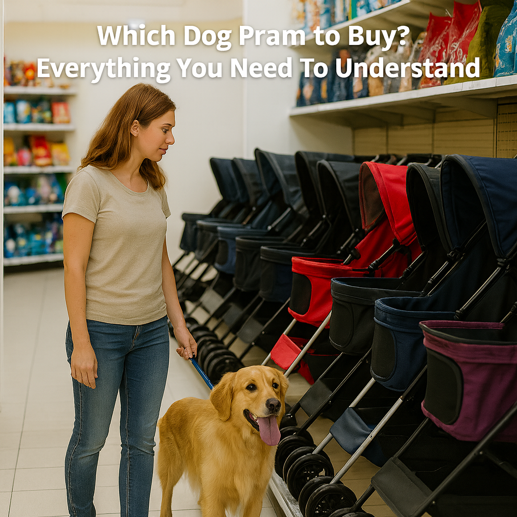 A woman with her golden retriever looking at dog prams in an Australian pet store aisle, surrounded by neatly displayed pet strollers and supplies.