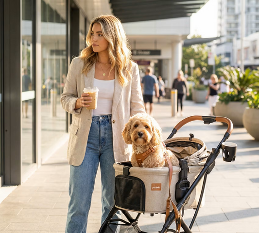 A woman walking a Cavoodle in a Pawbella pet stroller through an outdoor Australian shopping precinct.
