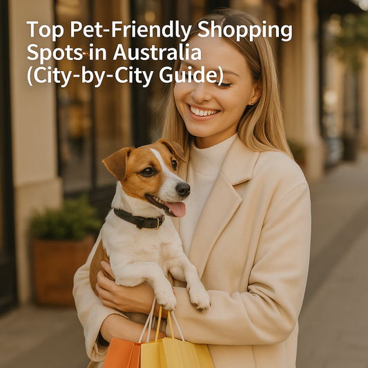 Smiling woman holding a Jack Russell Terrier and shopping bags on a pet-friendly shopping street in Australia, with text overlay reading 'Top Pet-Friendly Shopping Spots in Australia (City-by-City Guide)'.