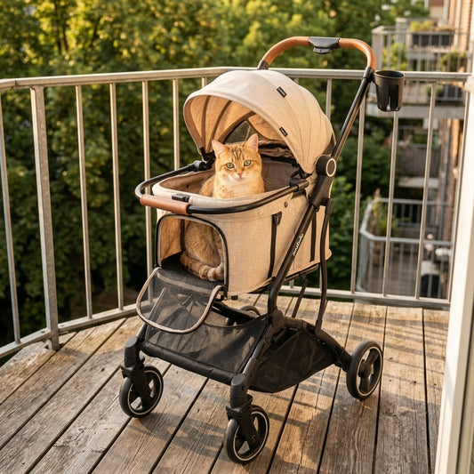 Ginger cat sitting inside open beige Pawbella cat pram stroller on sunny balcony