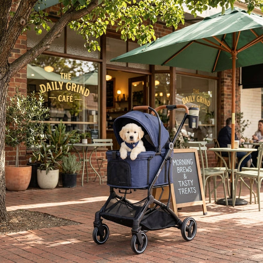 Navy blue Pawbella dog buggy pushchair stroller with puppy inside at Melbourne café