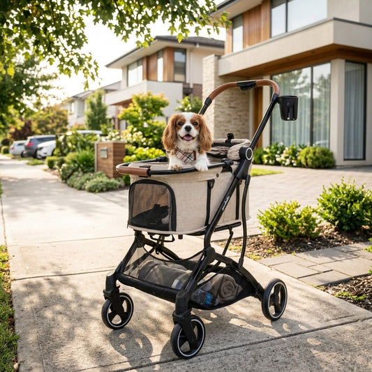 Beige Pawbella dog pram stroller with small dog inside parked on sun-dappled sidewalk