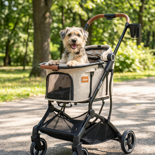 A beautiful dog looking happily out of a beige pet stroller
