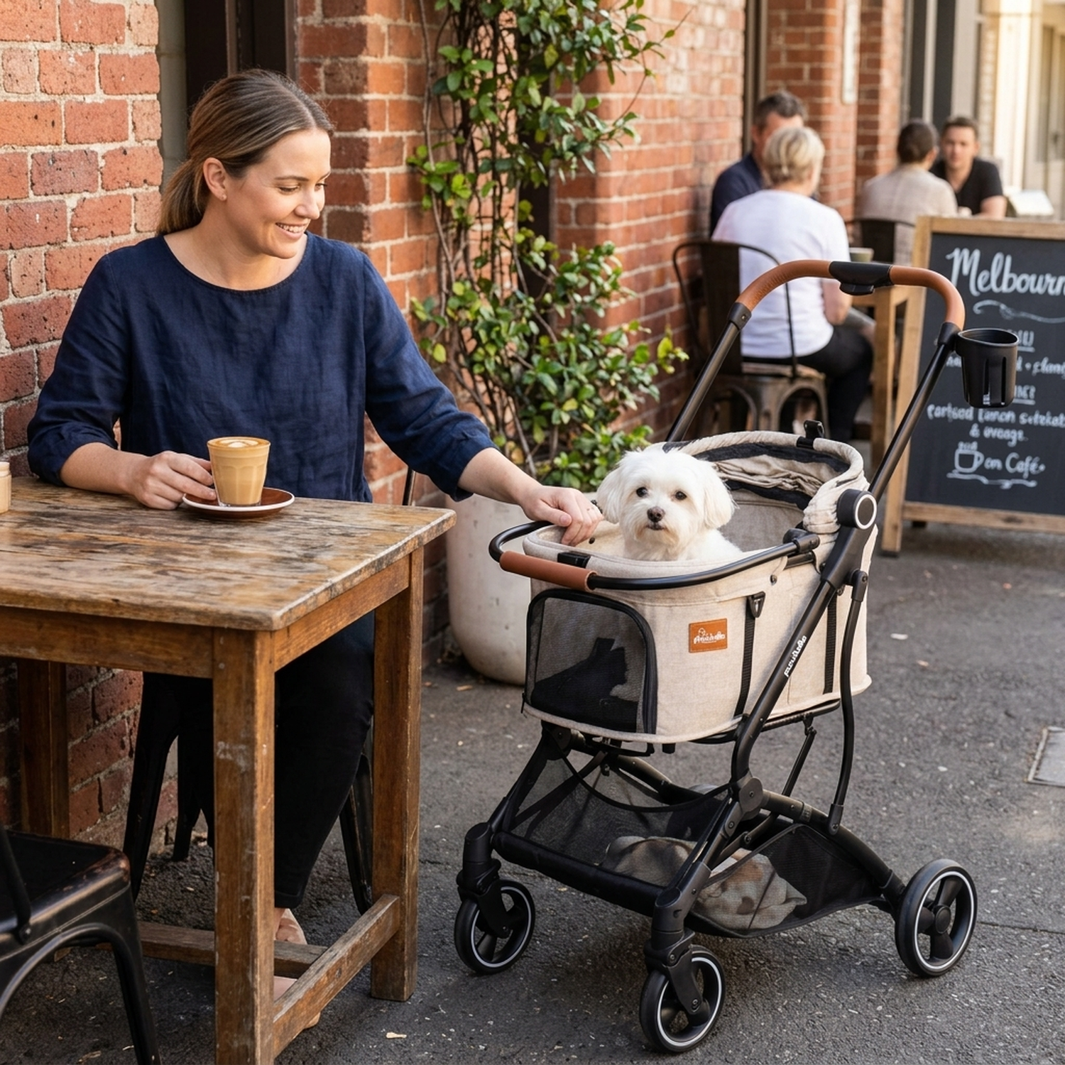 Pawbella beige pet stroller with a Maltese dog at a sunny Melbourne laneway café