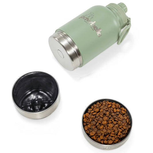 The Pawbella 3-in-1 Dog Water Bottle 1L with Food Bowls features a green bottle with handle and silver lid beside two metal bowls—ideal for outdoor adventures in Australia, whether using a pet stroller or pet backpack.
