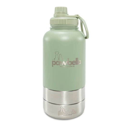 The Pawbella 3-in-1 Dog Water Bottle 1L with Food Bowls is a large, light green and silver insulated bottle with a screw-on lid, handle, and features the Pawbella logo plus dog and cat silhouettes—ideal for trips with your pet stroller.