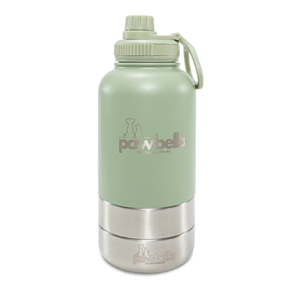 The Pawbella 3-in-1 Dog Water Bottle 1L with Food Bowls is a large, light green and silver insulated bottle with a screw-on lid, handle, and features the Pawbella logo plus dog and cat silhouettes—ideal for trips with your pet stroller.