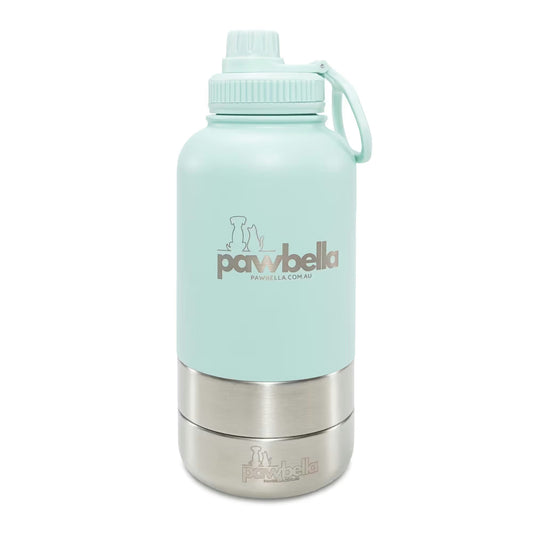 The Pawbella 3-in-1 Dog Water Bottle 1L with Food Bowls features a light blue and silver design, handle cap, logo, and dog and cat silhouette—perfect for pet walks or adventures in Australia with your backpack.