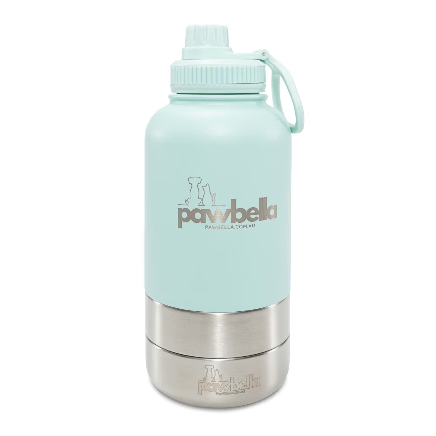 The Pawbella 3-in-1 Dog Water Bottle 1L with Food Bowls features a light blue and silver design, handle cap, logo, and dog and cat silhouette—perfect for pet walks or adventures in Australia with your backpack.