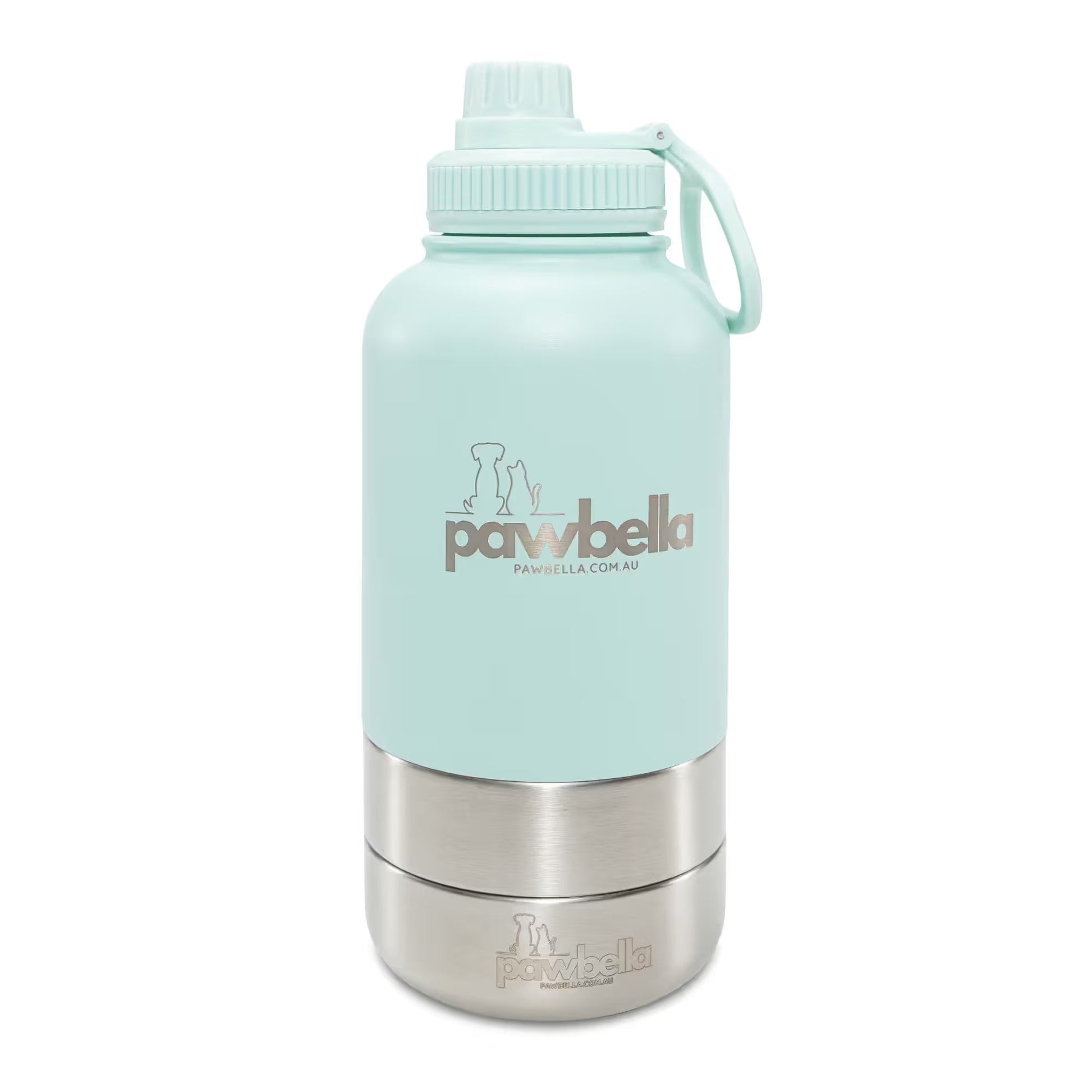 The Pawbella 3-in-1 Dog Water Bottle 1L with Food Bowls features a light blue and silver design, handle cap, logo, and dog and cat silhouette—perfect for pet walks or adventures in Australia with your backpack.