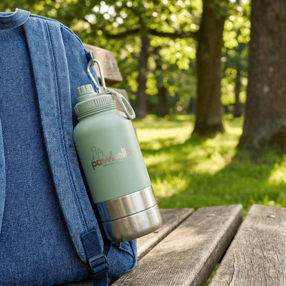 A Pawbella 3-in-1 Dog Water Bottle 1L with Food Bowls sits clipped to a blue denim pet backpack on a wooden bench in a sunlit Australian park, ready for outdoor adventures amid green grass and trees.