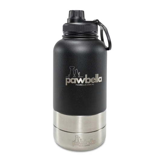The Pawbella 3-in-1 Dog Water Bottle 1L with Food Bowls in black and silver features a screw-on cap, carrying handle, and dog-and-cat logo—ideal for strolls with your pet stroller or exploring Australia together.