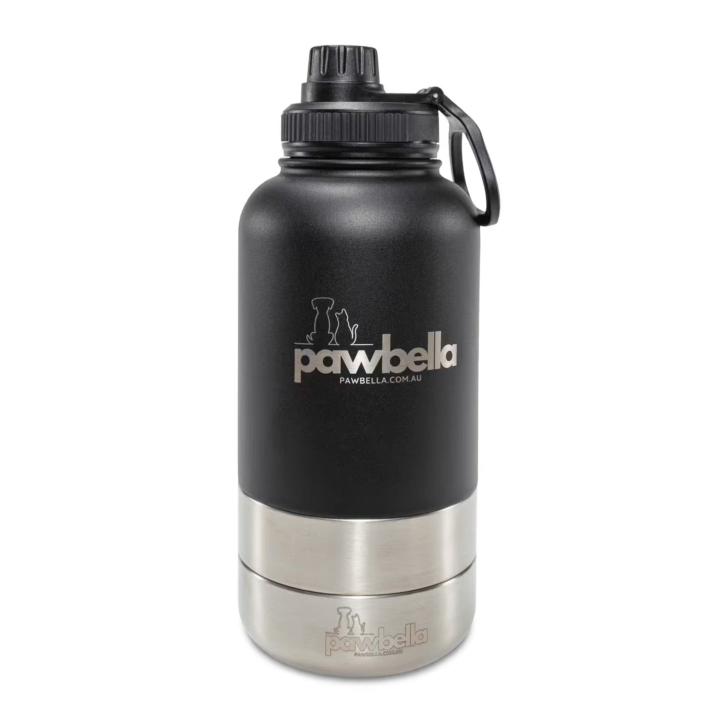 The Pawbella 3-in-1 Dog Water Bottle 1L with Food Bowls in black and silver features a screw-on cap, carrying handle, and dog-and-cat logo—ideal for strolls with your pet stroller or exploring Australia together.