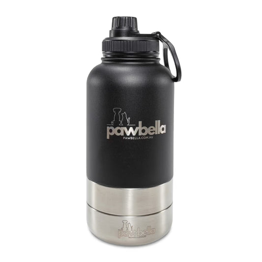 The Pawbella 3-in-1 Dog Water Bottle 1L with Food Bowls in black and silver features a screw-on cap, carrying handle, and dog-and-cat logo—ideal for strolls with your pet stroller or exploring Australia together.