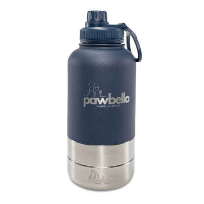 The Pawbella 3-in-1 Dog Water Bottle 1L with Food Bowls features a modern navy blue and silver design, a handled lid, and metallic bottom—sturdy and ideal for walks in Australia. Perfect companion for your pet stroller or backpack.