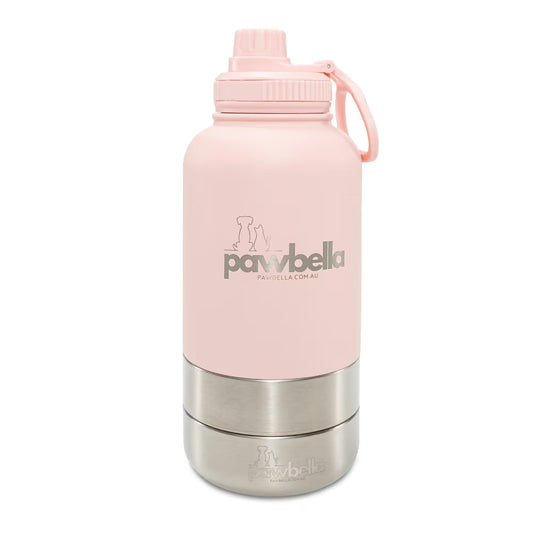 The Pawbella 3-in-1 Dog Water Bottle 1L with Food Bowls features a pink top and cap, silver bottom, handle, and a logo of two pets—ideal for Australia or outings with your pet backpack or stroller.