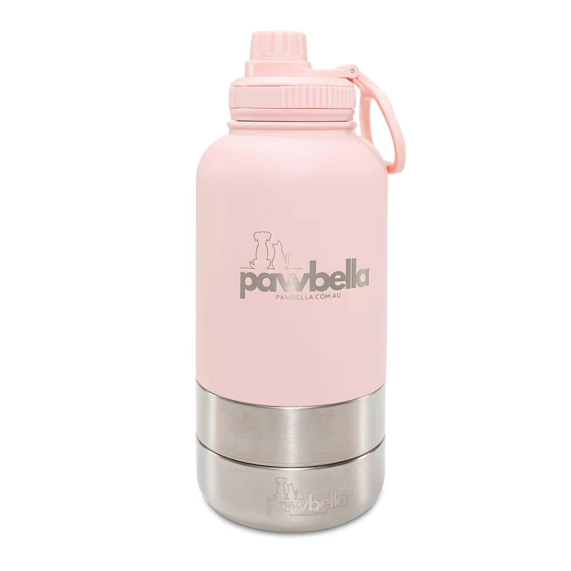The Pawbella 3-in-1 Dog Water Bottle 1L with Food Bowls features a pink top and cap, silver bottom, handle, and a logo of two pets—ideal for Australia or outings with your pet backpack or stroller.