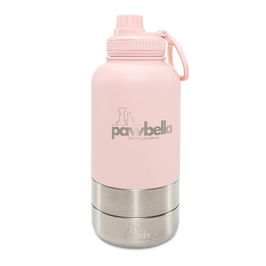 The Pawbella 3-in-1 Dog Water Bottle 1L with Food Bowls features a pink top and cap, silver bottom, handle, and a logo of two pets—ideal for Australia or outings with your pet backpack or stroller.