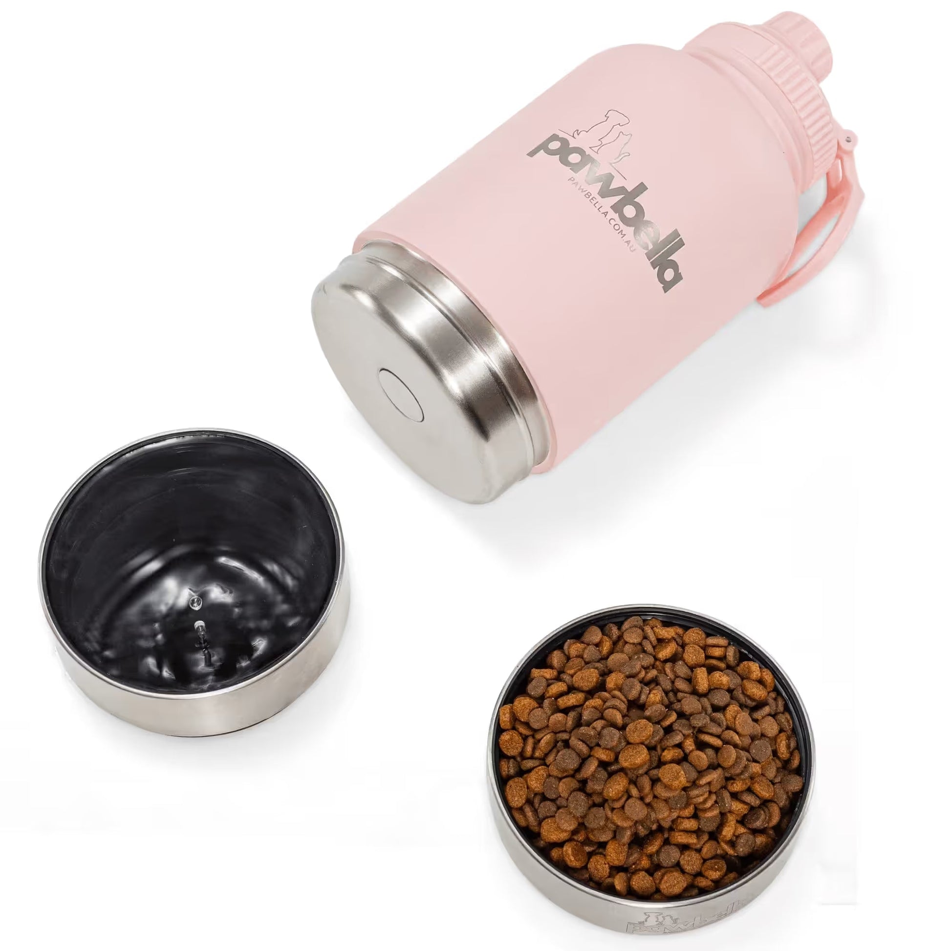 The Pawbella 3-in-1 Dog Water Bottle 1L with Food Bowls in pink features a detachable silver bowl with dry kibble and an empty bowl, ideal for outings in Australia with your pet backpack or stroller, shown on a white background.