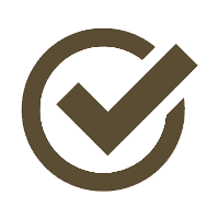 A bold, brown checkmark enclosed within a brown circle on a light gray background.