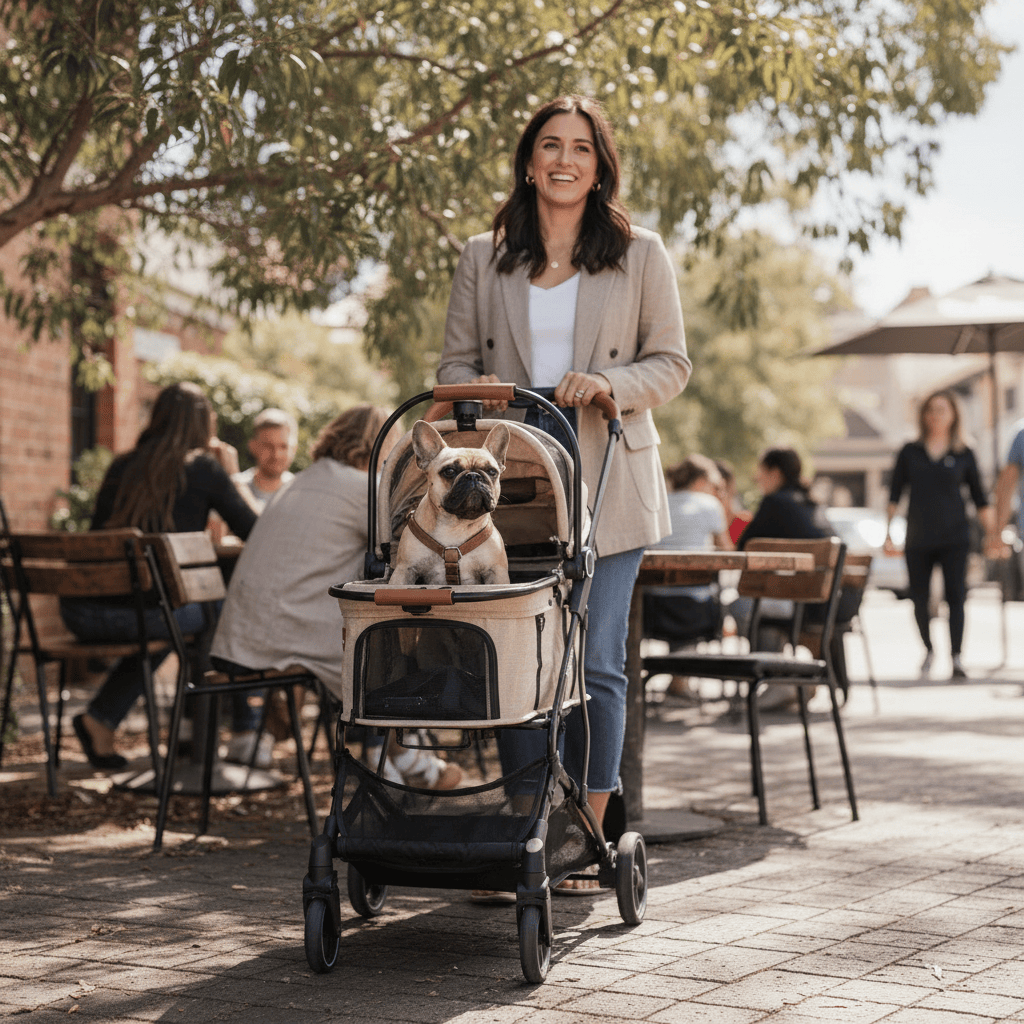 A woman smiles while pushing a stroller with a French bulldog inside, outdoors near a café where people are sitting at tables under trees.