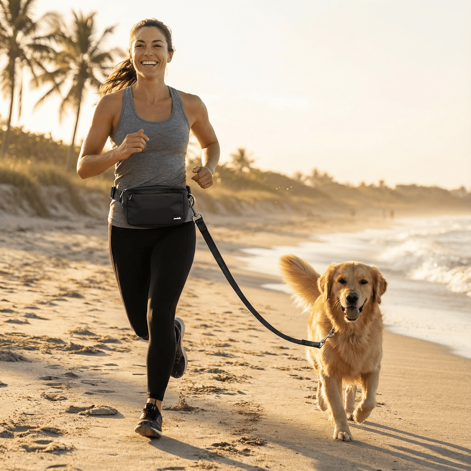 A woman in athletic wear runs along a sandy beach at sunset, smiling and holding a leash attached to a happy golden retriever running beside her. Palm trees and ocean waves are visible in the background.