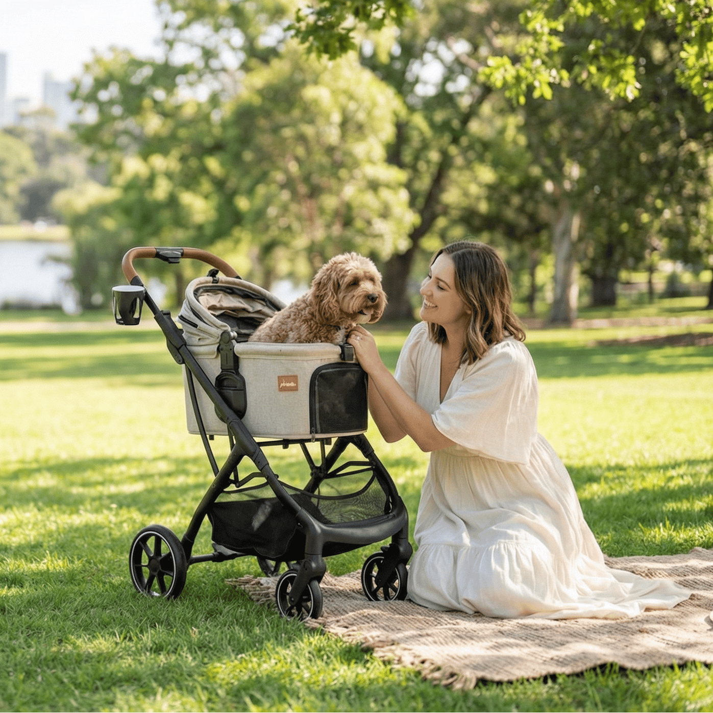 A woman in a white dress sits on a picnic blanket in a park, smiling at a small brown dog sitting in a stroller. Lush green trees and grass surround them on a sunny day.