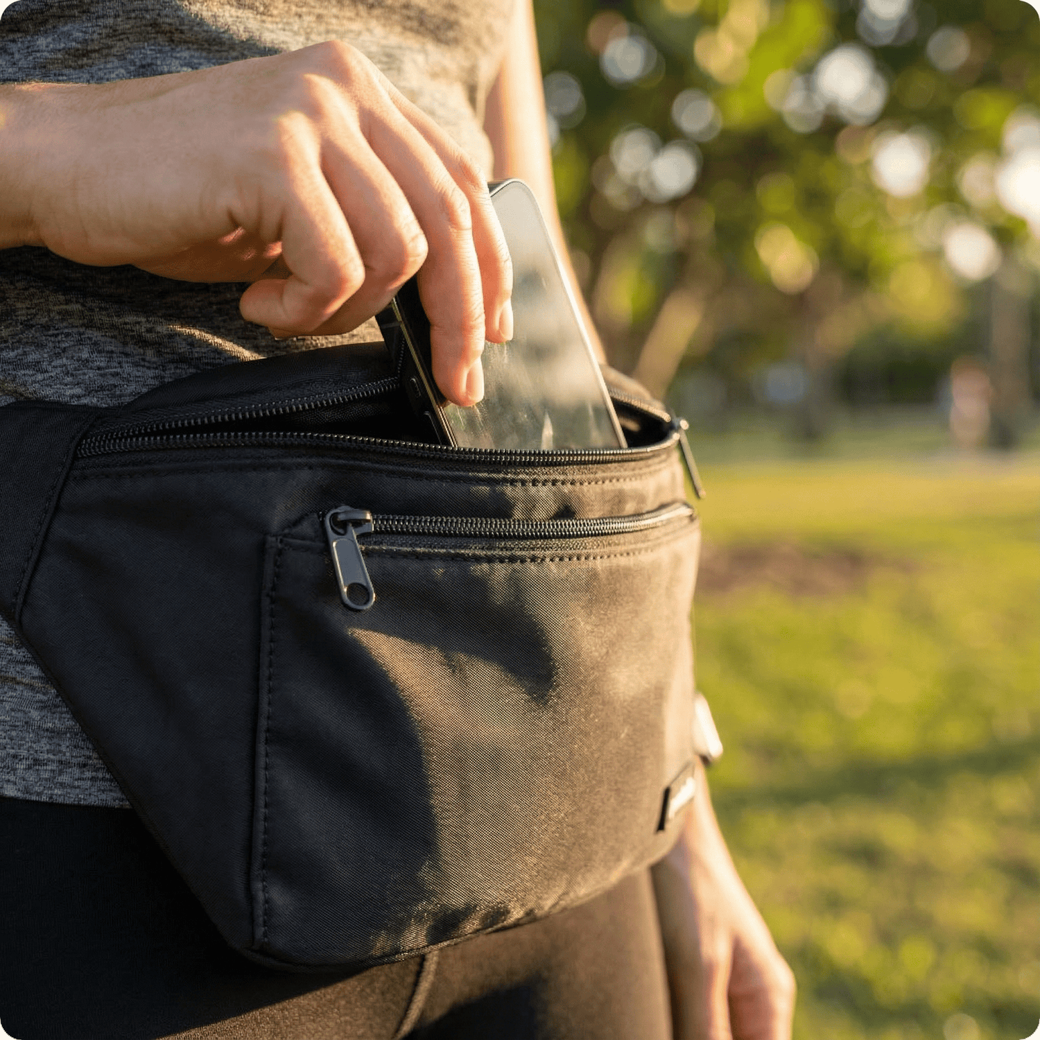 A person putting a phone in a waist bag.