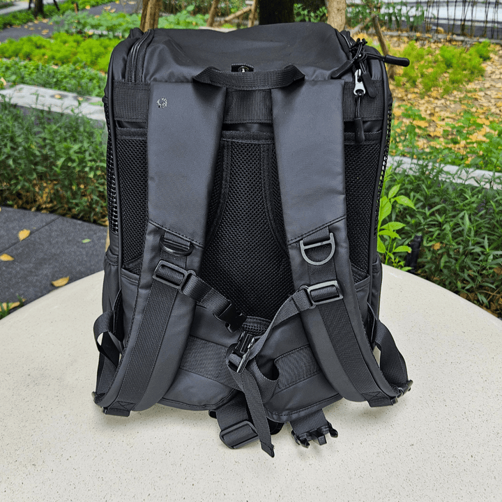 Back view of a black outdoor pet backpack showing adjustable padded straps and breathable mesh back panel, designed for comfortable carrying during travel