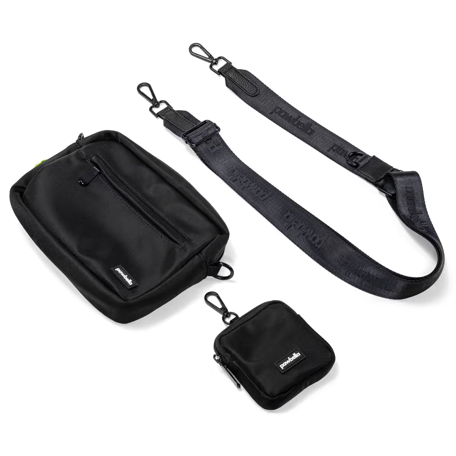 The Pawbella Crossbody Dog Walking Bag set features a black rectangular zip pouch, square clip-on pouch, and adjustable strap with metal clips—all subtly branded and inspired by Australia.