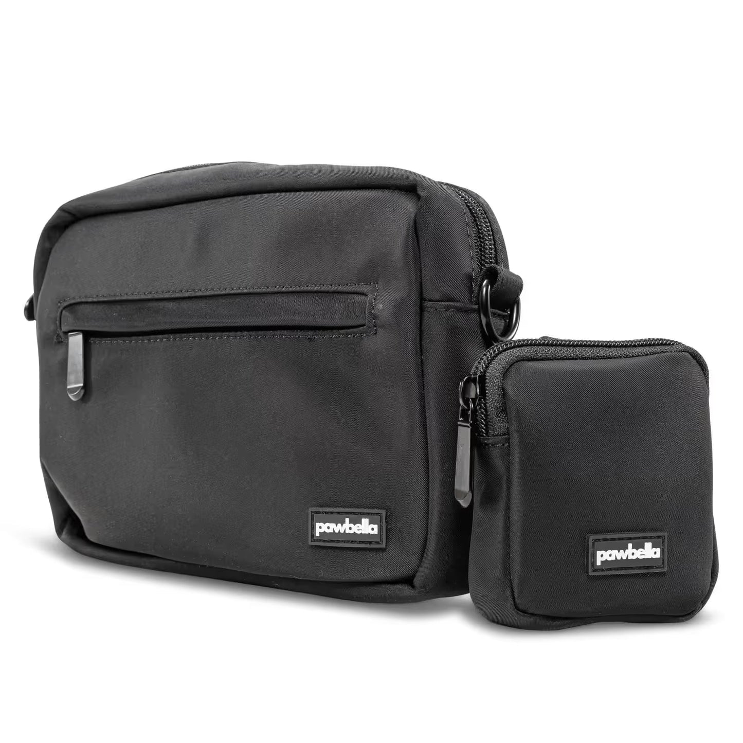 The Pawbella Crossbody Dog Walking Bag, with a front zip pocket and matching mini pouch, features durable fabric and labels—ideal for organizing essentials in your pet backpack or stroller in Australia.