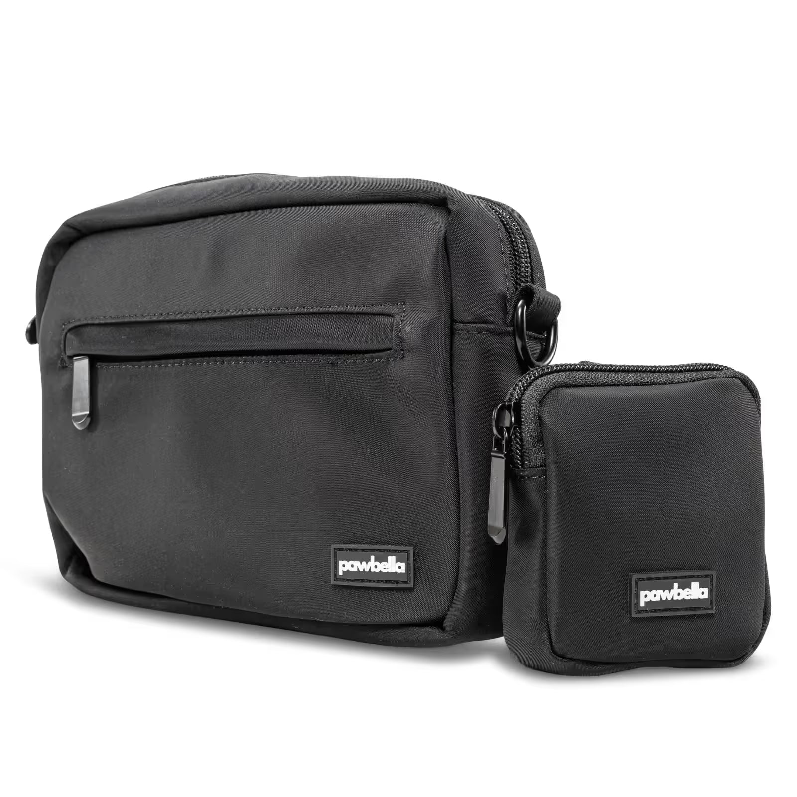 The Pawbella Crossbody Dog Walking Bag, with a front zip pocket and matching mini pouch, features durable fabric and labels—ideal for organizing essentials in your pet backpack or stroller in Australia.