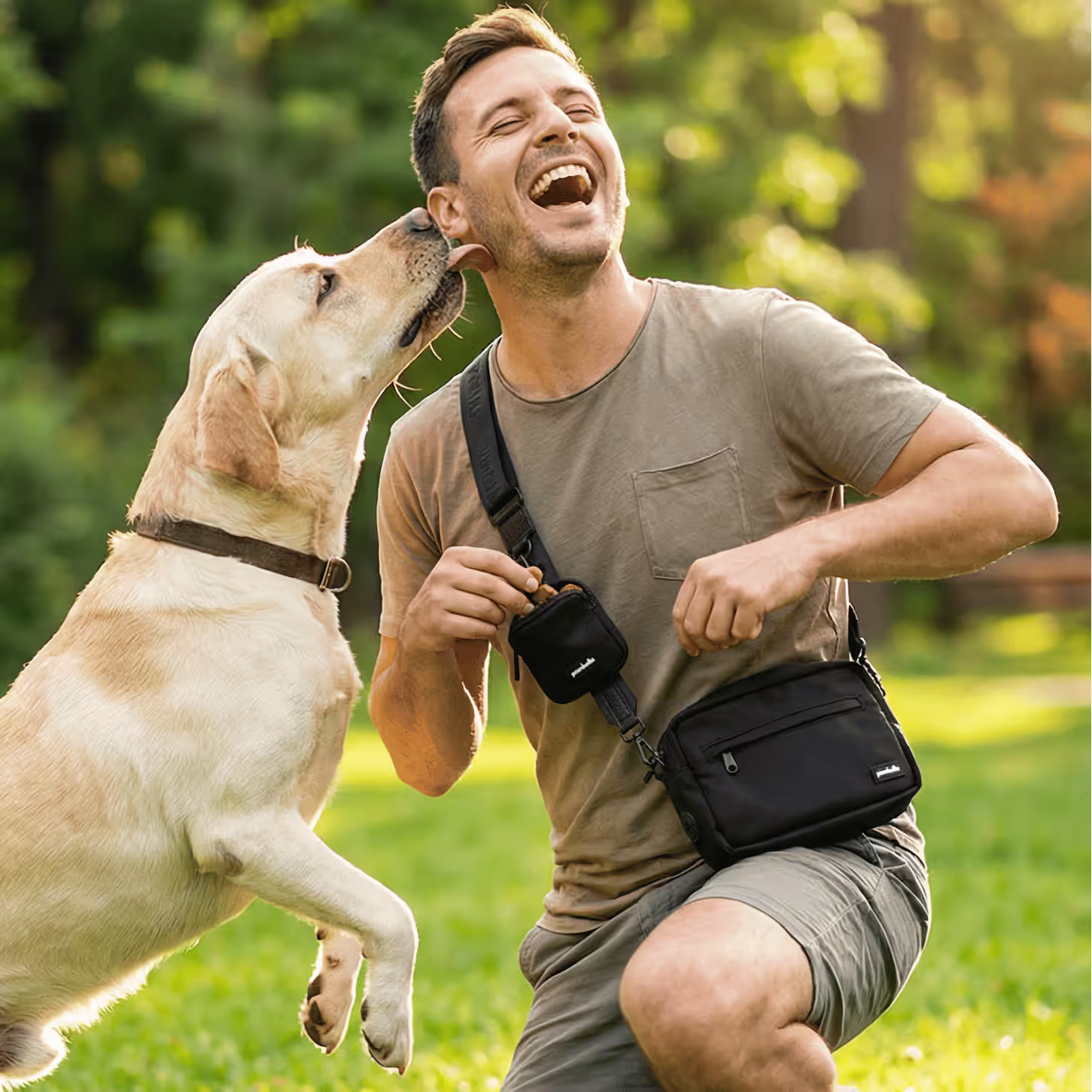 A cheerful man kneels on grass in a sunny Australian park, laughing as his yellow Labrador licks his face. He wears a casual tee and the Pawbella Crossbody Dog Walking Bag, with his pet backpack beside him.