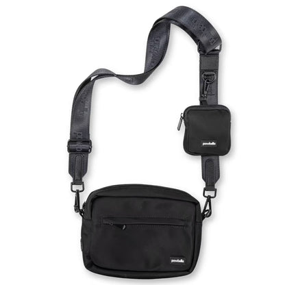 The Pawbella Crossbody Dog Walking Bag is a black bag with an adjustable strap and a detachable pouch, both with zip closures and rectangular logo patches on the front, inspired by versatile pet backpack designs.
