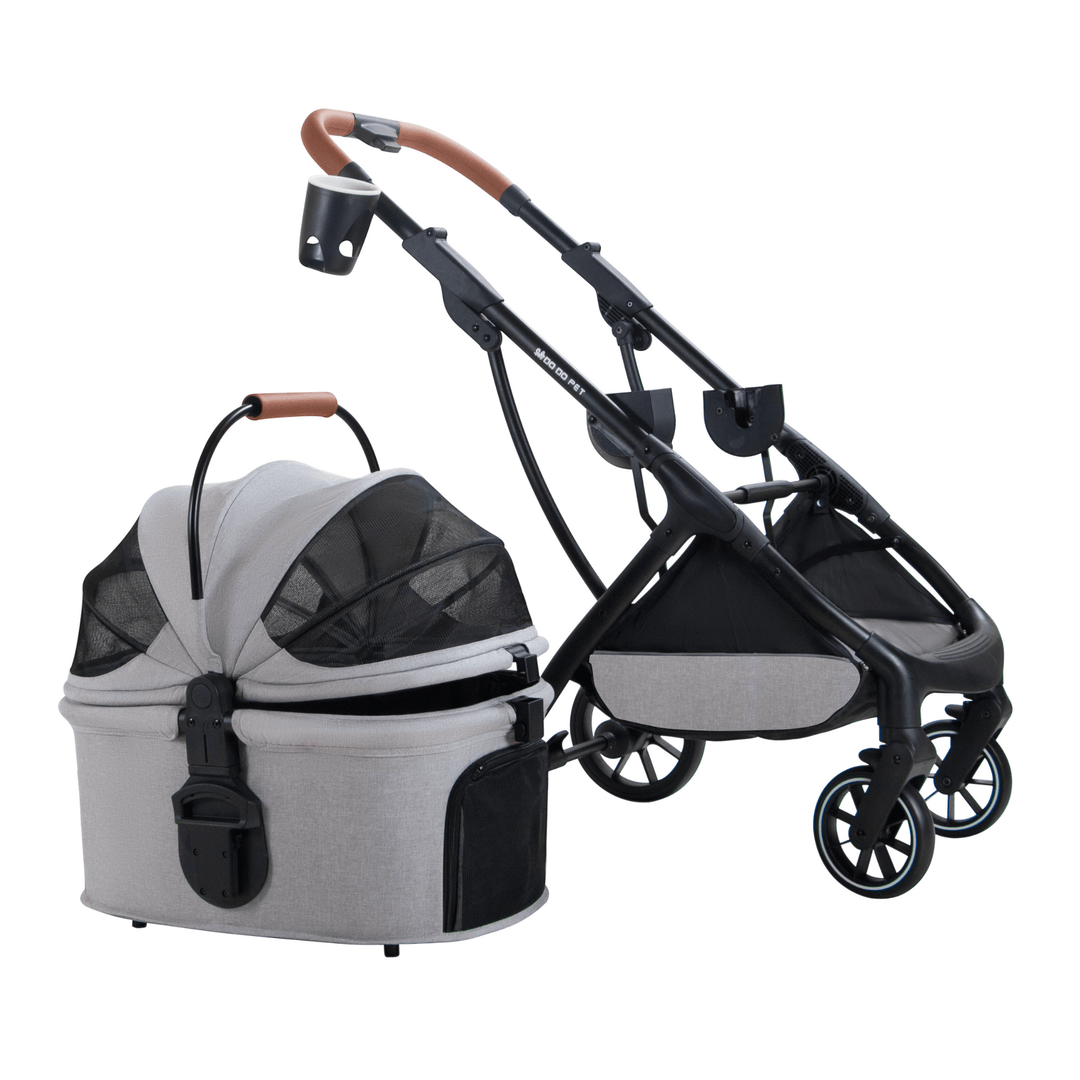 Versatile grey pet stroller shown in multiple configurations, featuring mesh canopy, detachable carrier, and adjustable handle with cup holder