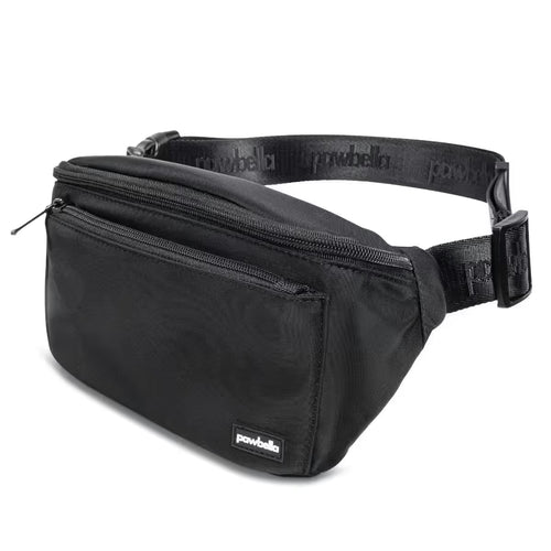 The Pawbella Dog Walking Bum Bag is a black waist bag with a front zipper pocket and adjustable strap, featuring the brand name on a small label and strap—ideal for daily adventures in Australia.