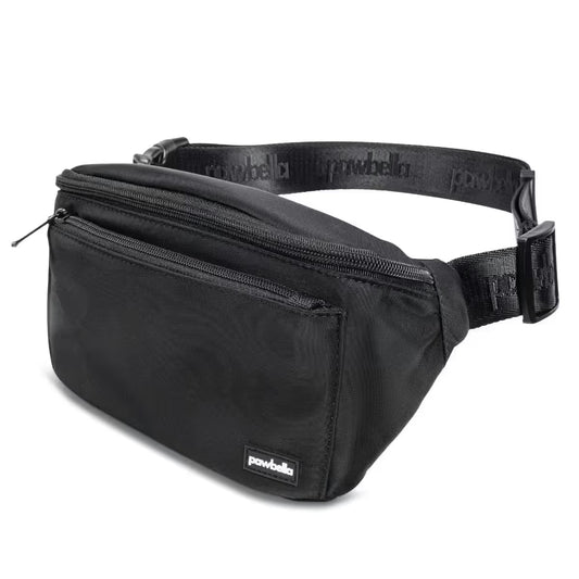 The Pawbella Dog Walking Bum Bag is a black waist bag with a front zipper pocket and adjustable strap, featuring the brand name on a small label and strap—ideal for daily adventures in Australia.