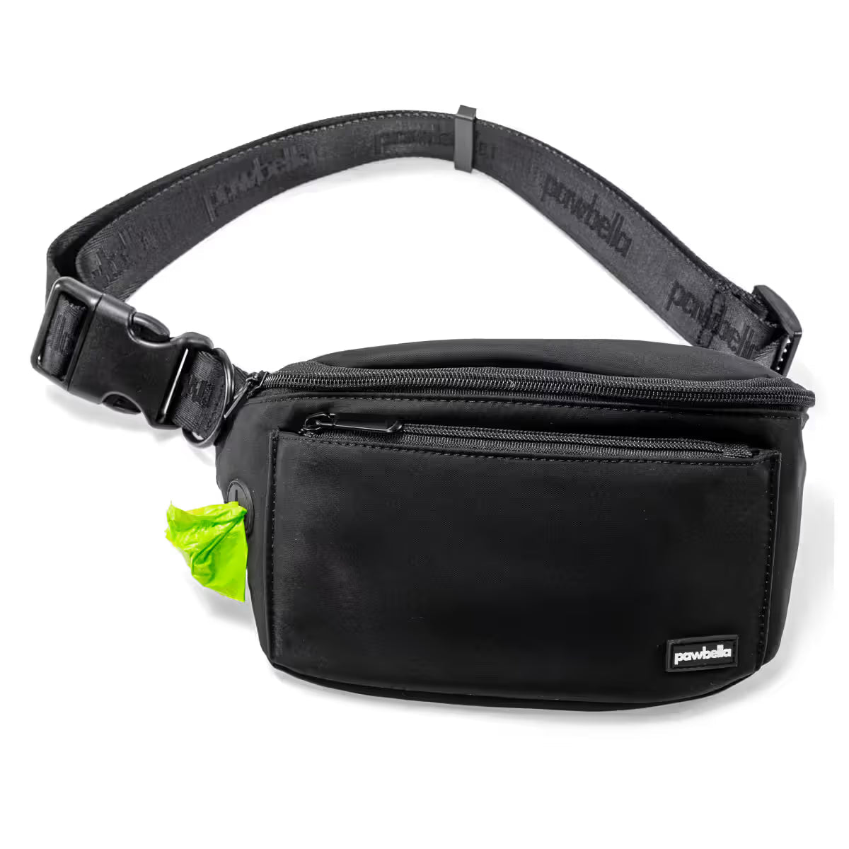 The Pawbella Dog Walking Bum Bag in black features a zip pocket, adjustable strap, and a green waste bag in a side dispenser—ideal for walks or pairing with your favorite pet stroller across Australia.