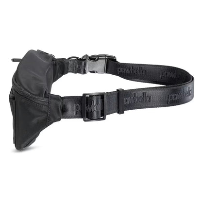 The Pawbella Dog Walking Bum Bag is a black waist bag with an adjustable strap featuring a repeating embossed logo, a buckle closure, and a front zippered compartment—perfect for travel in Australia.