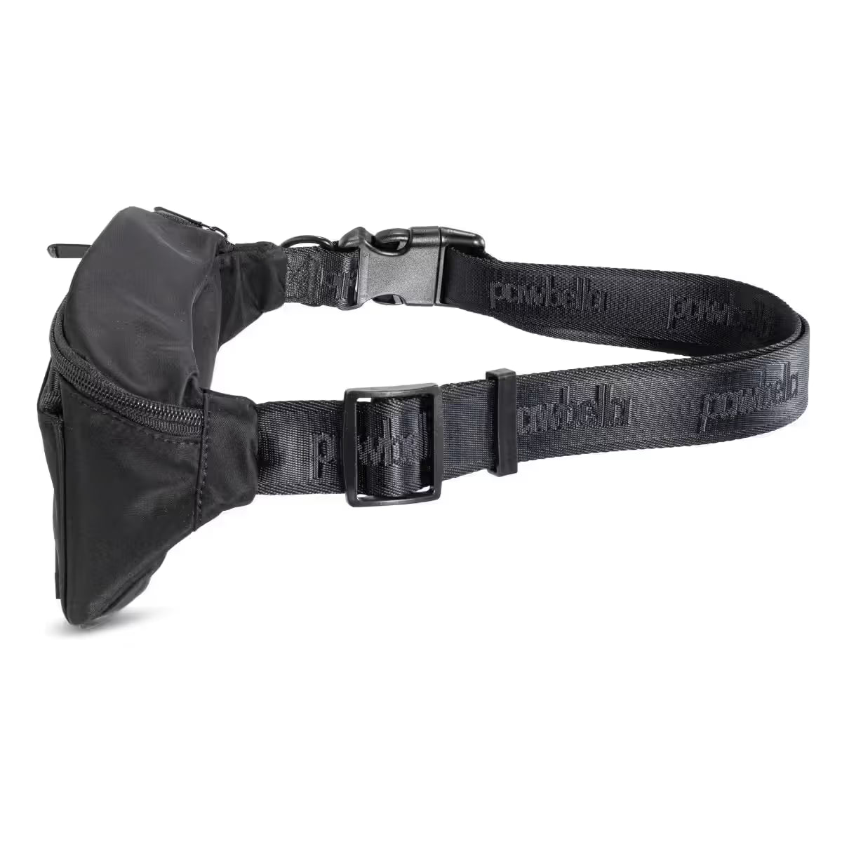 The Pawbella Dog Walking Bum Bag is a black waist bag with an adjustable strap featuring a repeating embossed logo, a buckle closure, and a front zippered compartment—perfect for travel in Australia.
